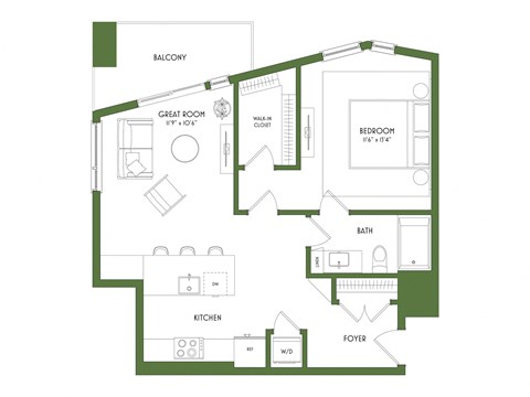 Floor plan for 1 bed, 1 bath, 762 sqft